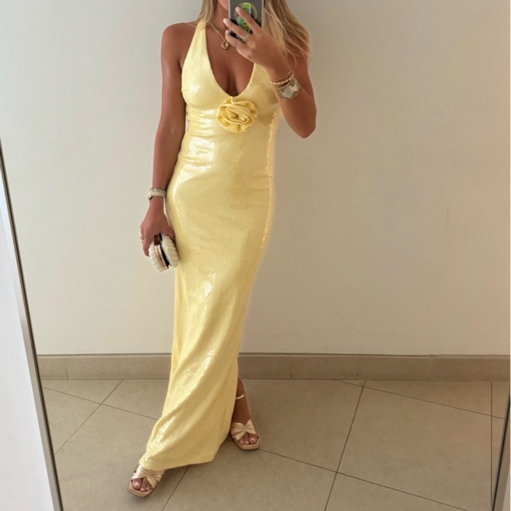 Meshki Yellow Halter Sequin Maxi Dress with Floral Detail